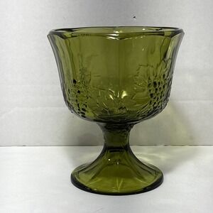 Indiana Glass Vintage Green Harvest Candy Dish Compote Grapevine Pattern 6.5"